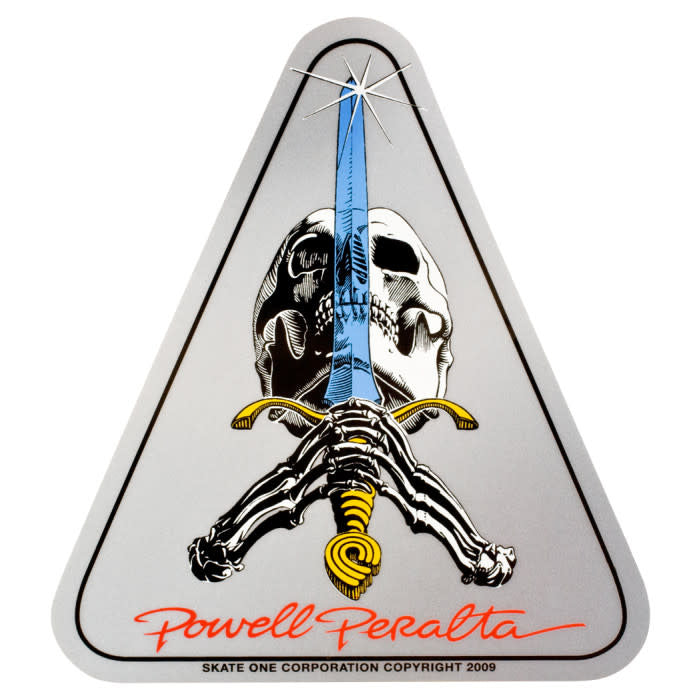 4" x 3.5" Ray Rodriguez Skull & Sword Silver Skateboard Sticker 2024